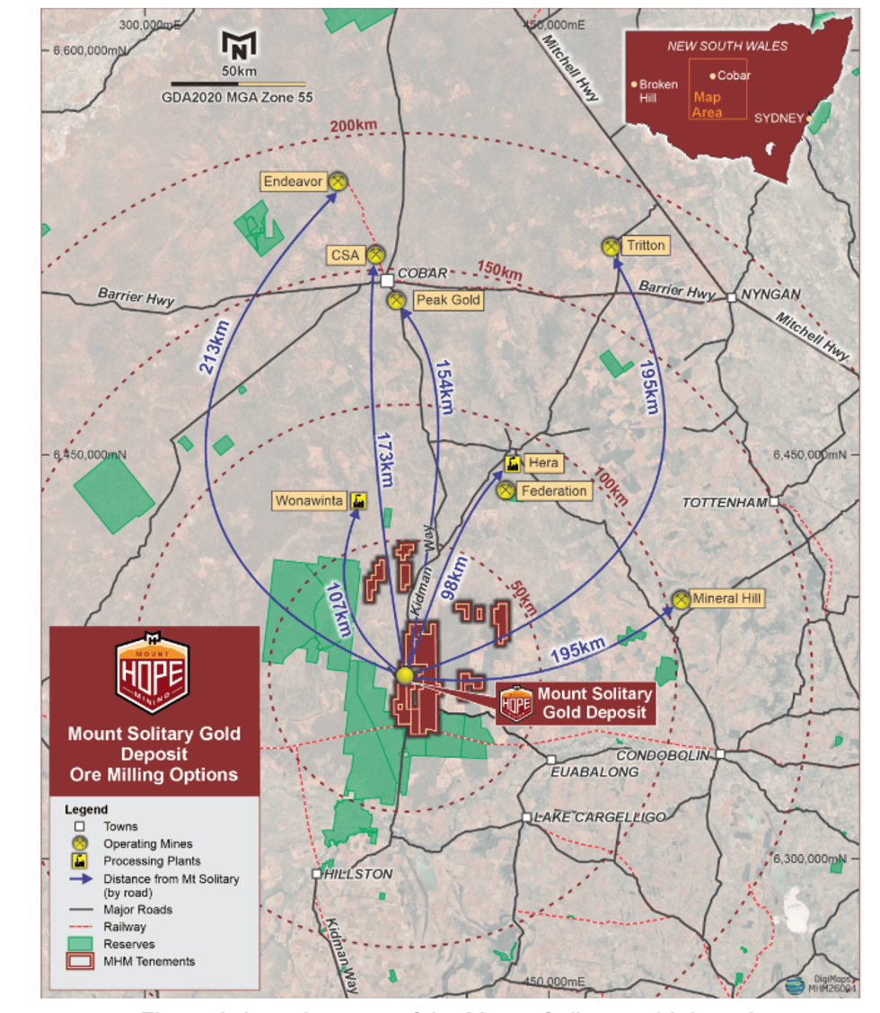 Map of New South Wales showing Mount Solitary Gold Deposit in red with concentric distance lines and labeled routes.