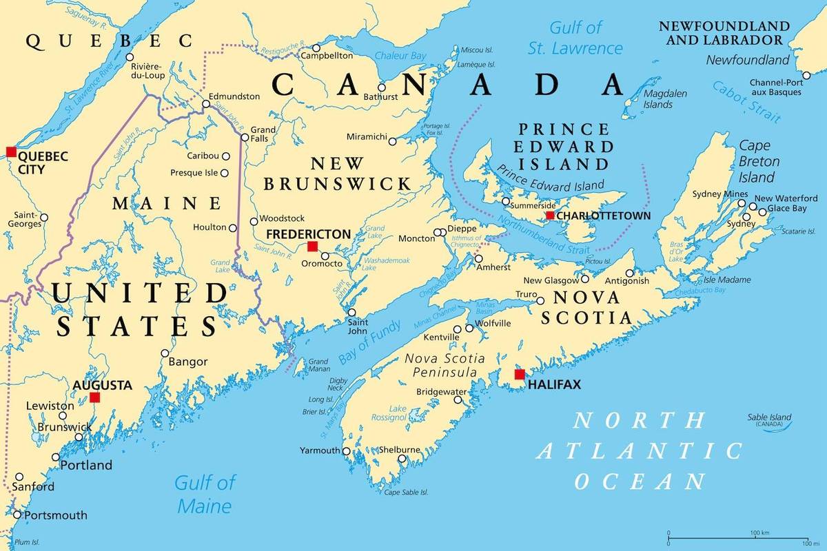 Map of Northeastern US and Eastern Canada with New Brunswick at center.