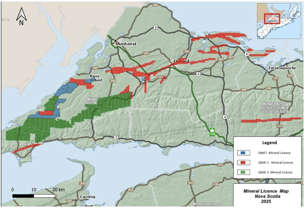 Map of Nova Scotia with colored regions representing QIMC Mova Scotia license claims