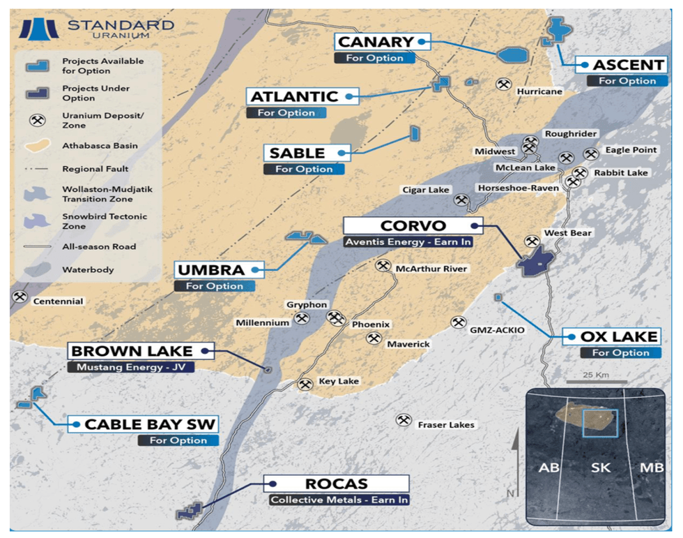 Map of of Standard Uranium's projects and deposits in the Athabasca Basin, Canada.
