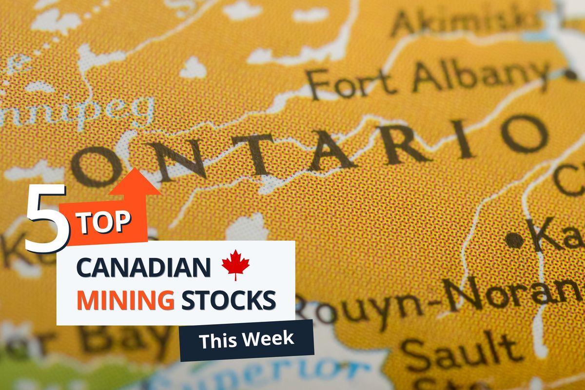 Map of Ontario, Canada, with "Top 5 Canadian Mining Stocks This Week" text overlay.