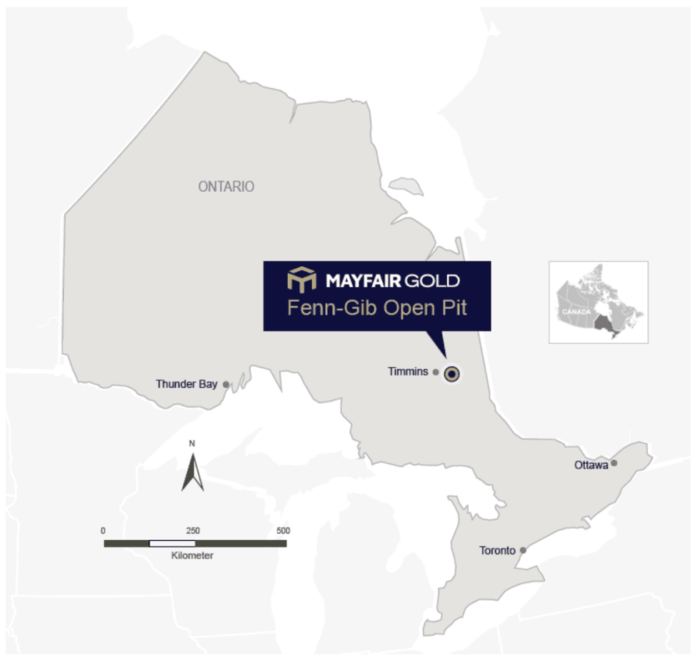 Map of Ontario showing Mayfair Gold Fenn-Gib Open Pit location near Timmins.