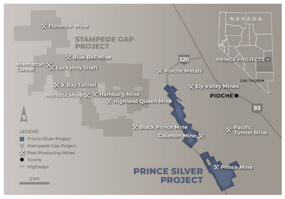 Map of Prince Silver and Stampede Gap Projects in Nevada, showing mines and highways.