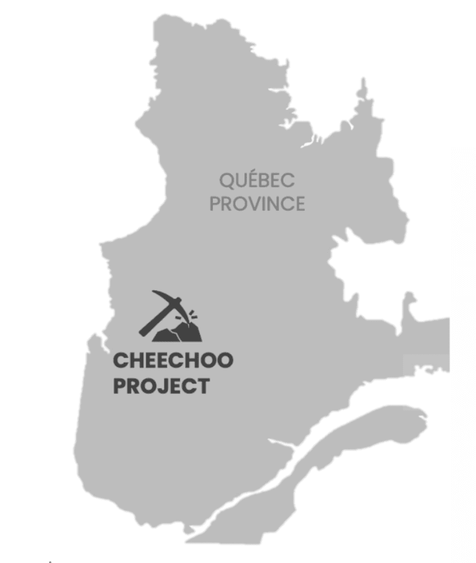 Map of Quebec highlighting the Sirios resources' Cheechoo Project location.