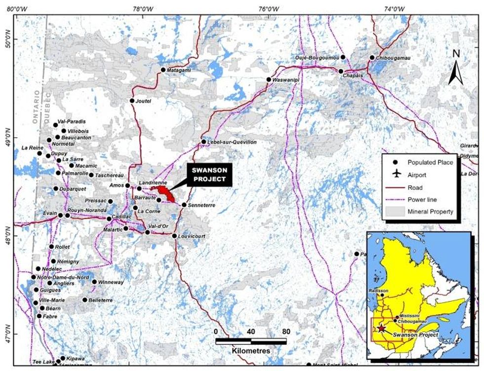 Map of Quebec with LaFleur Minerals' Swanson Project area.