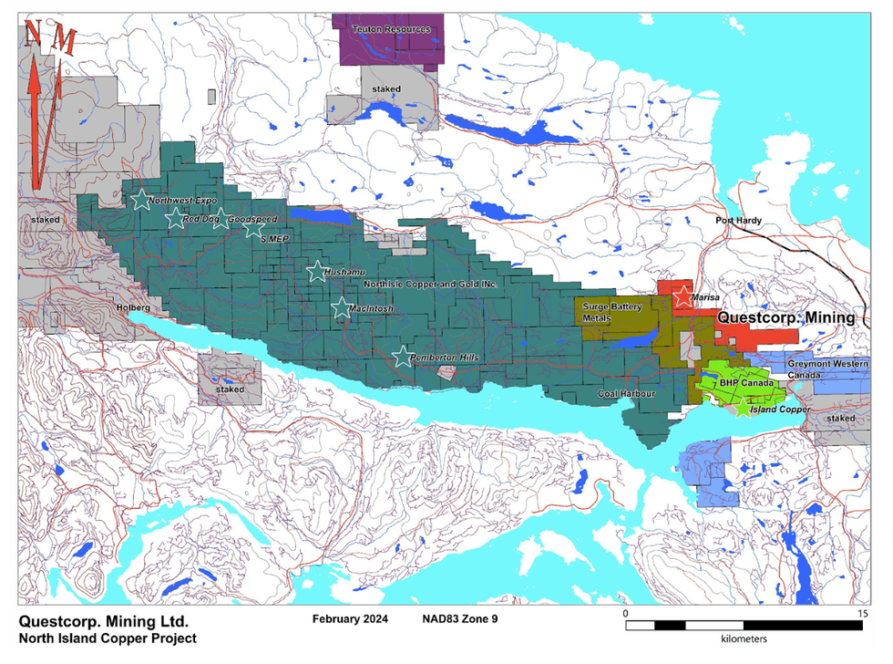Map of Questcorp Mining's North Island Copper Project showing mining claims and geographical features.