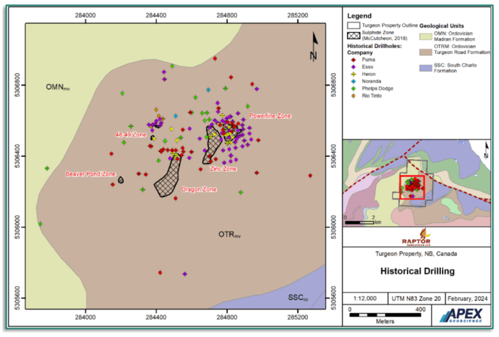 Map of Raptor Metals' Turgeon Property shows drilling zones and geological units with a detailed legend on the right.