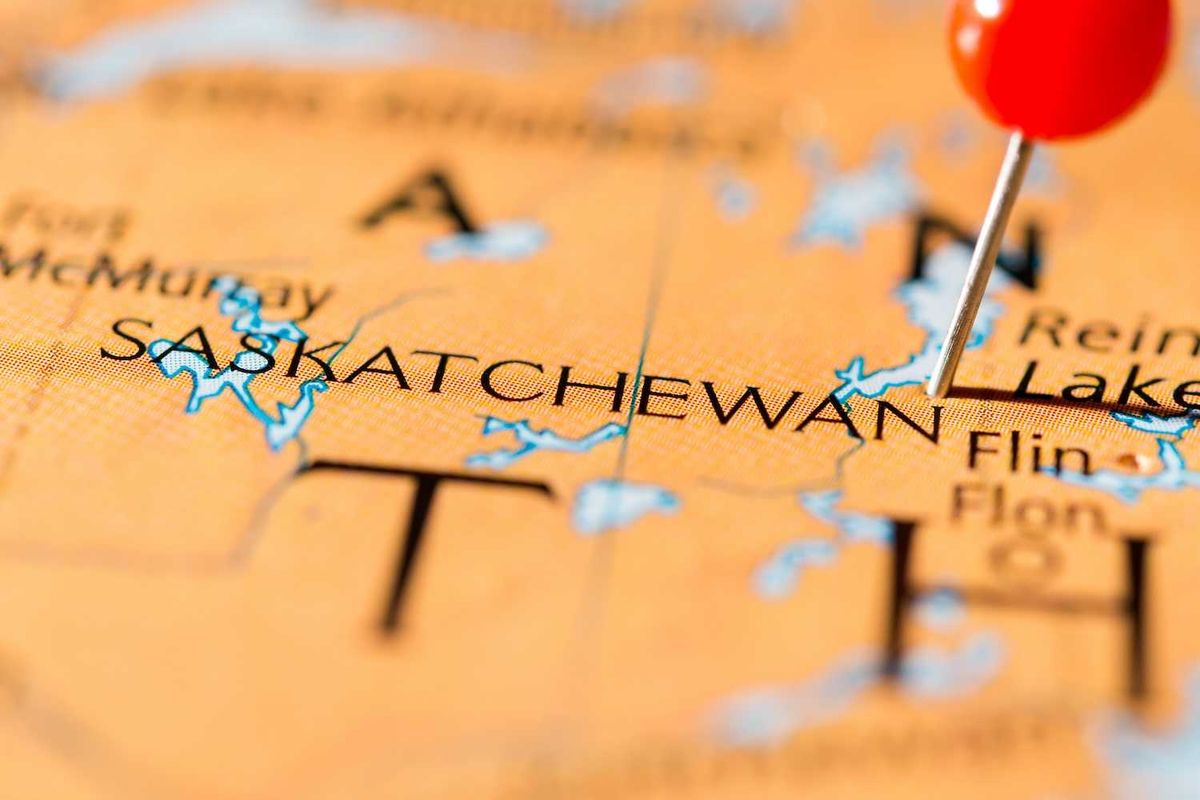 Map of Saskatchewan with a red pin marking a location.