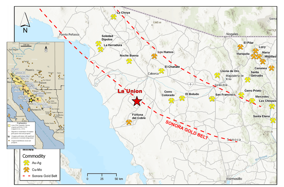 Map of Sonora Gold Belt showing Questcorp Mining's La Union project