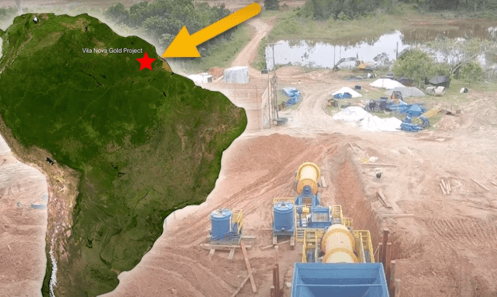 Map of South America with JZR Gold's Vila Nova Gold Project, overlaying a rural mining site.