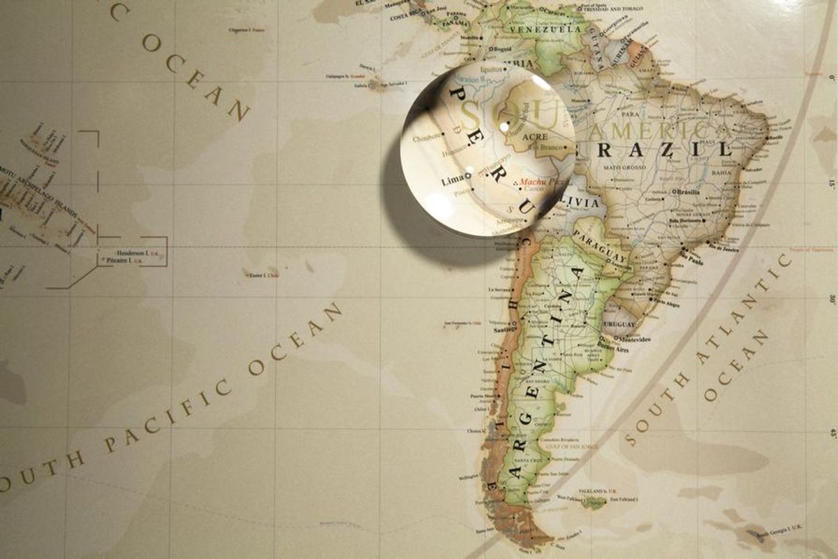 map of South America with Peru magnified