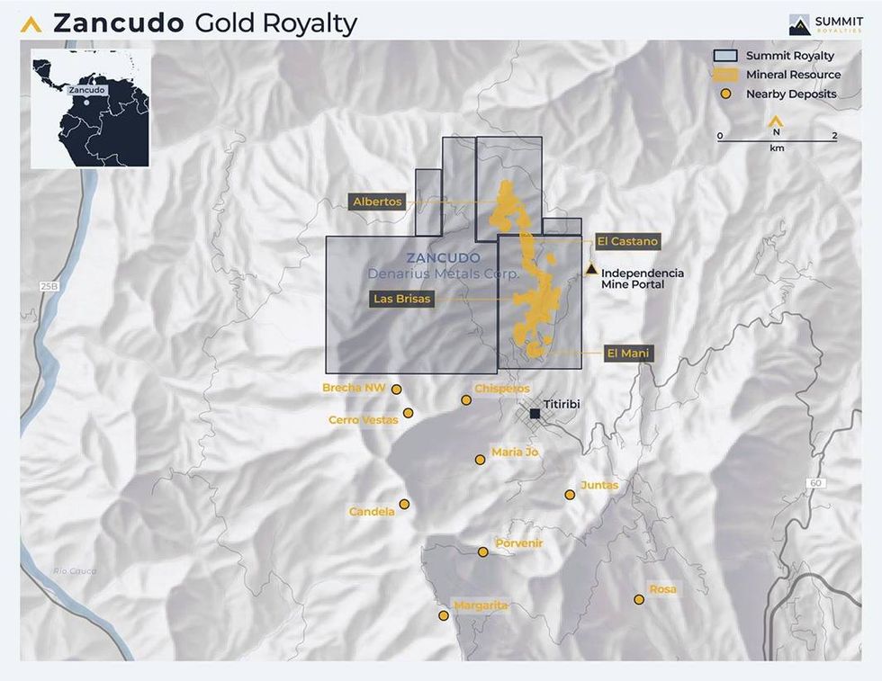 Map of Sumit Royalties Zancudo Gold Royalty mineral resources and nearby deposits in Colombia.
