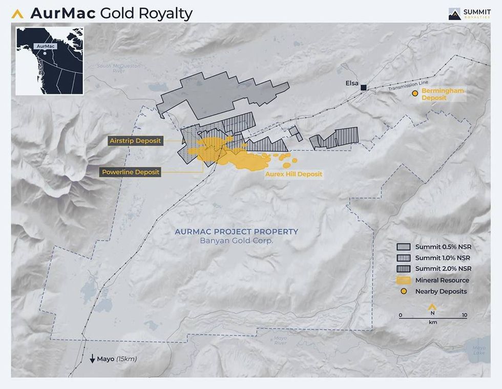 Map of Summit Royalties AurMac Gold deposits in Yukon, highlighting various mineral zones and nearby deposits.