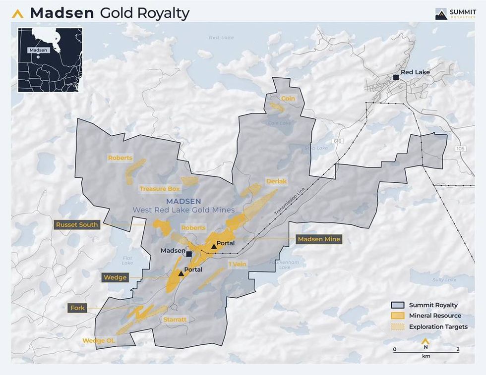 Map of Summit Royalties Madsen Gold Royalty area with mines, resources, and exploration targets marked.