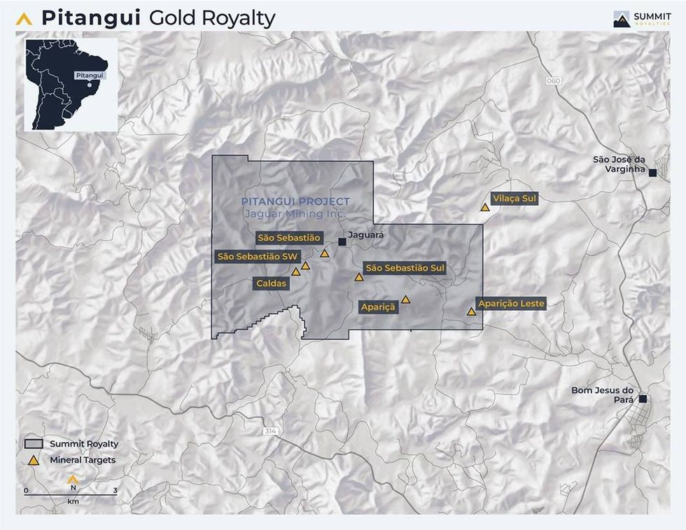 Map of Summit Royalties Pitangui Gold Royalty with Summit royalty and mineral targets marked.