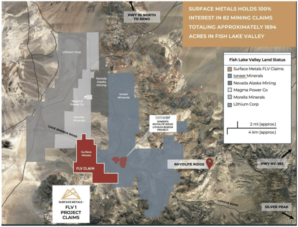 Map of Surface Metals' mining claims in Fish Lake Valley.