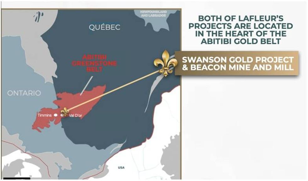 Map of the Abitibi Gold Belt highlighting LaFleur Minerals' Swanson Gold project and Beacon Mine