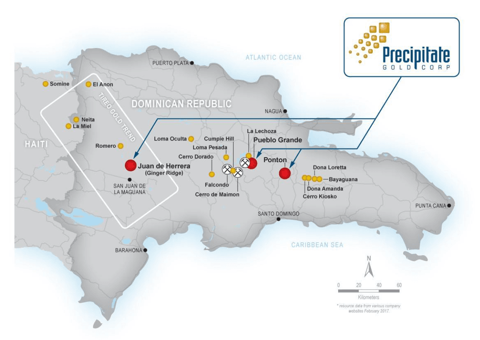 Map of the Dominican Republic with gold exploration sites of Precipitate Gold's projects