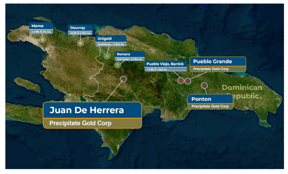 Map of the Dominican Republic with labeled mining locations of Precipitate Gold projects