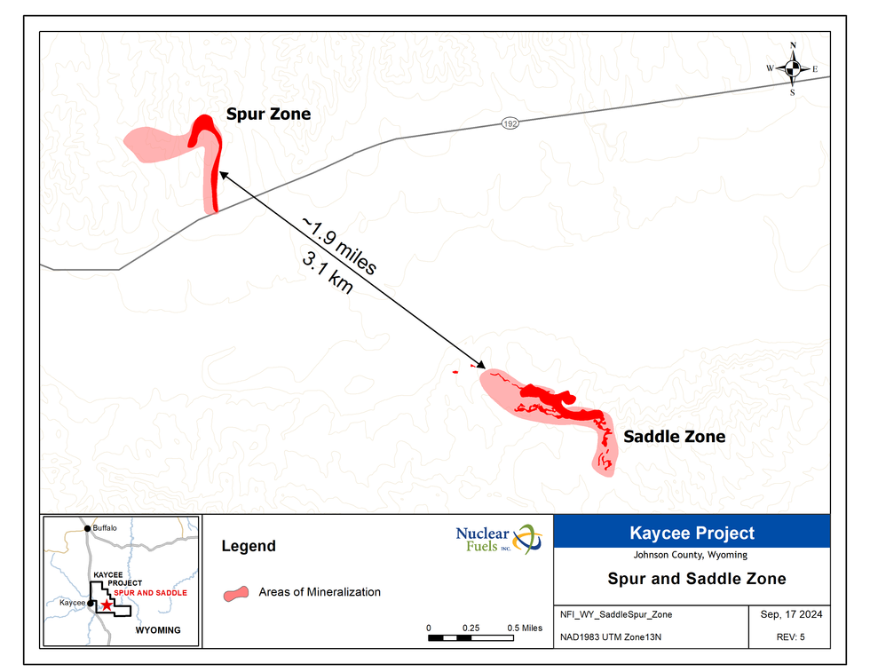 Map of the Spur and Saddles zones at Nuclear Fuel's Kaycee property