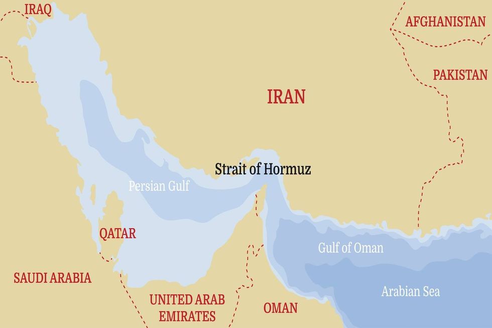 Map of the Strait of Hormuz, with surrounding countries labeled.