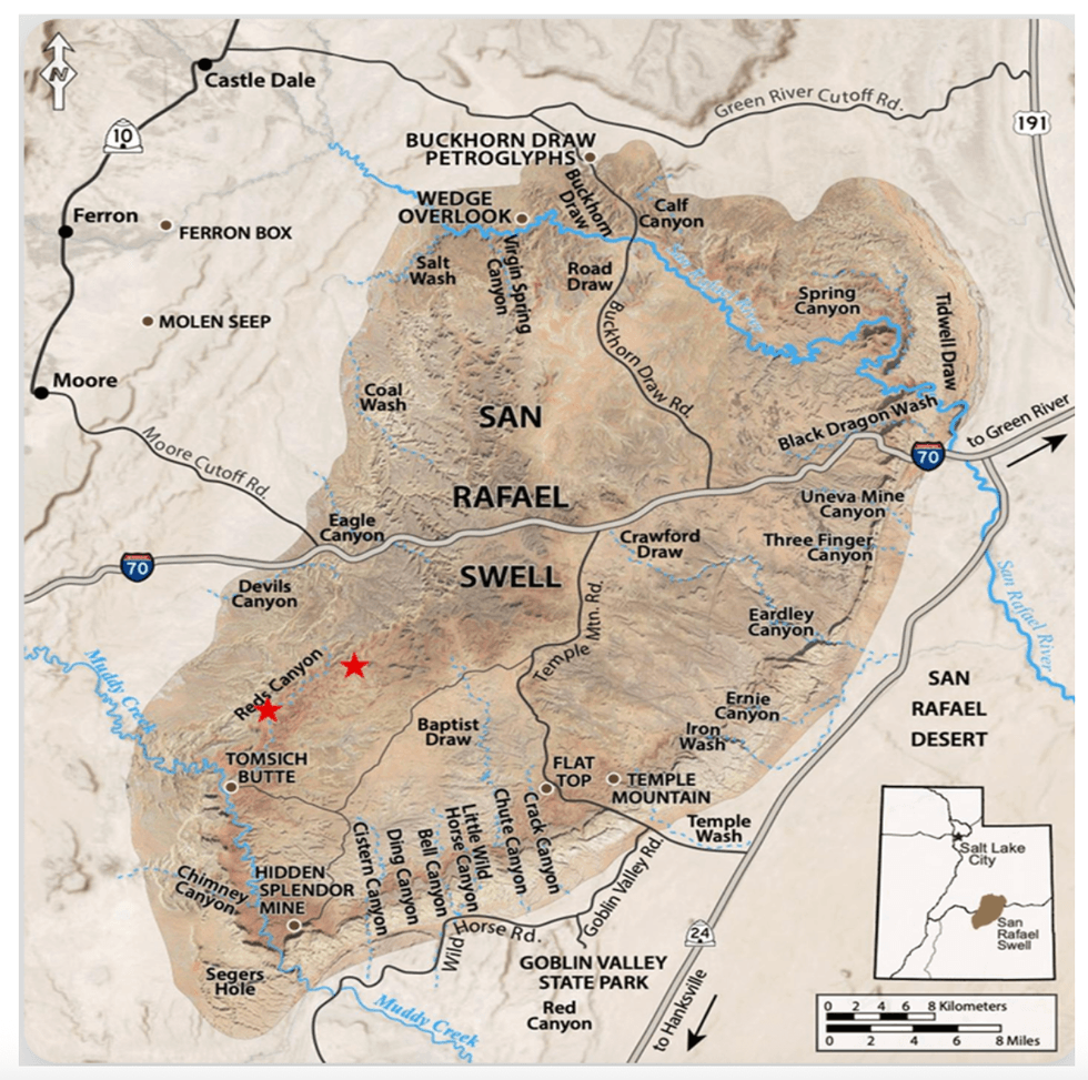 Map of the Terra Clean Energy's San Rafael Swell, Utah, showing canyons and geographic features.
