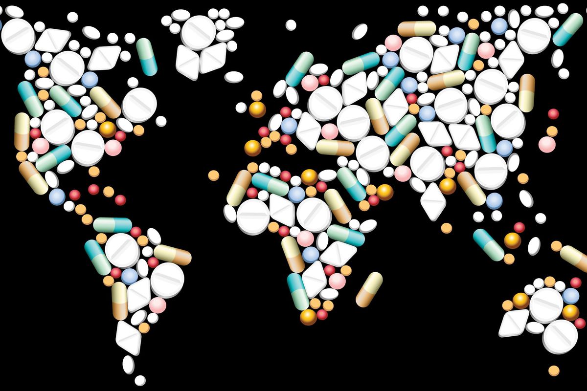 map of the world made out of medical pills