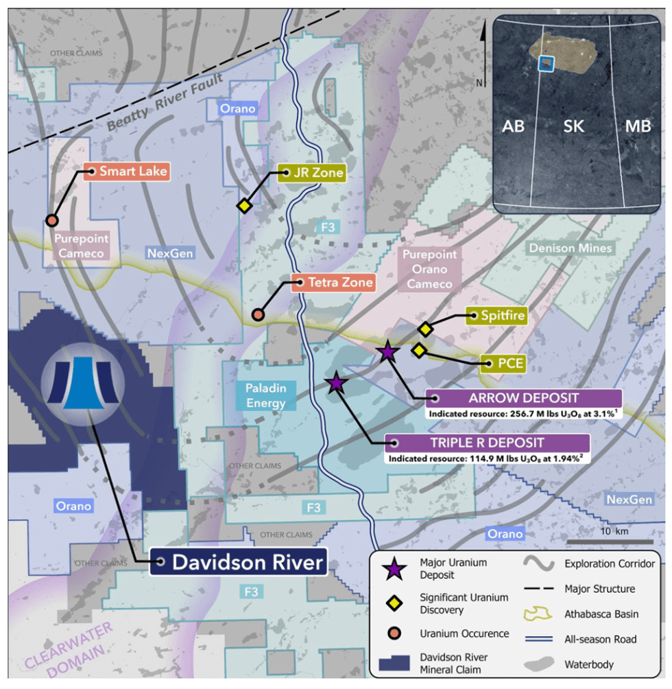 Map of uranium deposits in the Athabasca Basin with Standard Uranium's Davidson River project