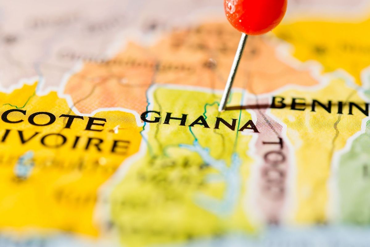Map of West Africa with a red pin in Ghana.