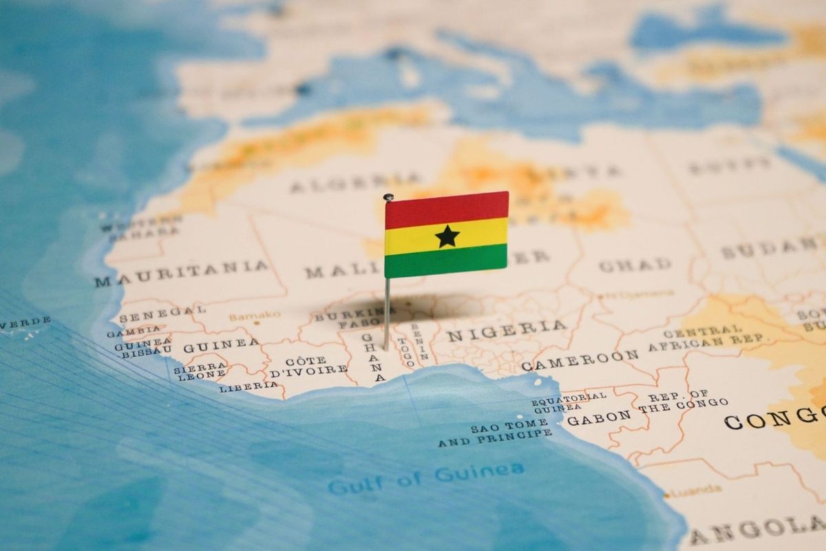 Map of West Africa with Ghana flag pinned in Ghana.