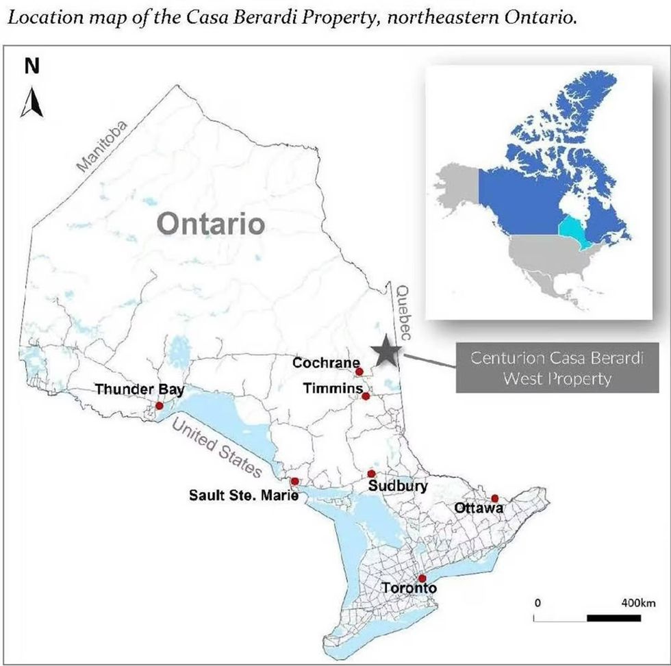 Map showing Centurion Minerals' Casa Berardi Property location in northeastern Ontario, near Cochrane.