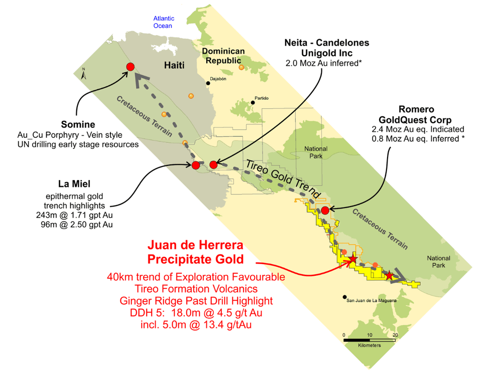 Map showing gold exploration at Precipitate Gold's Juan de Herrera project