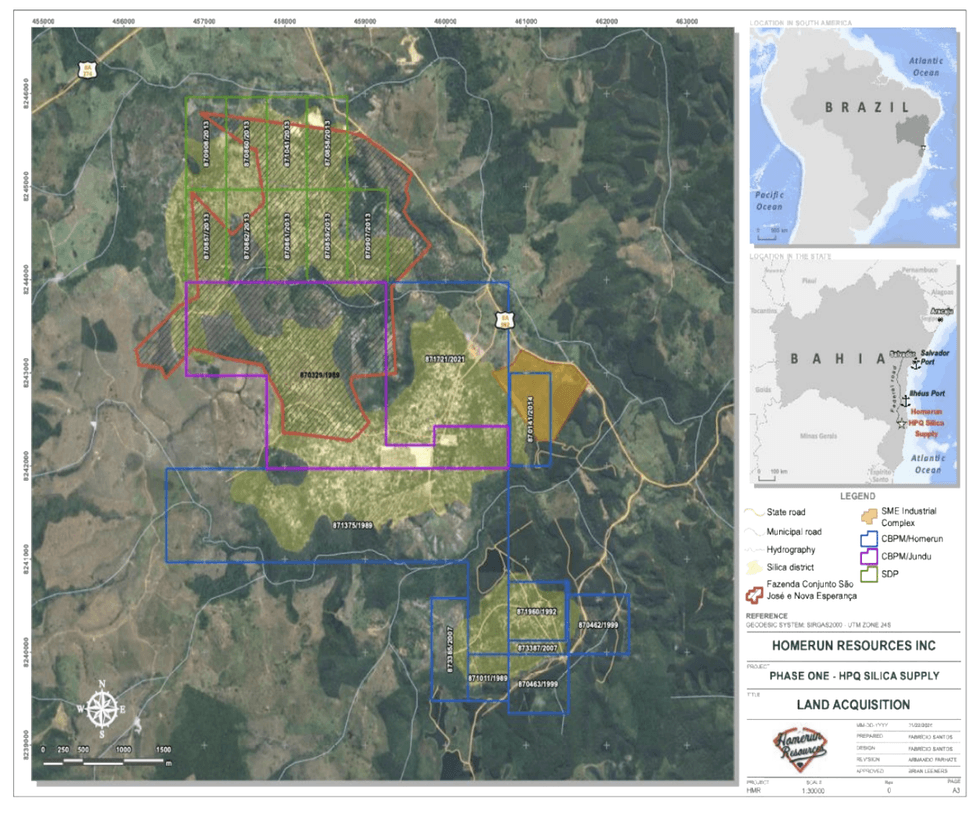 Map showing Homeland Resources' land acquisition for silica supply in Bahia, Brazil, with road and district details.