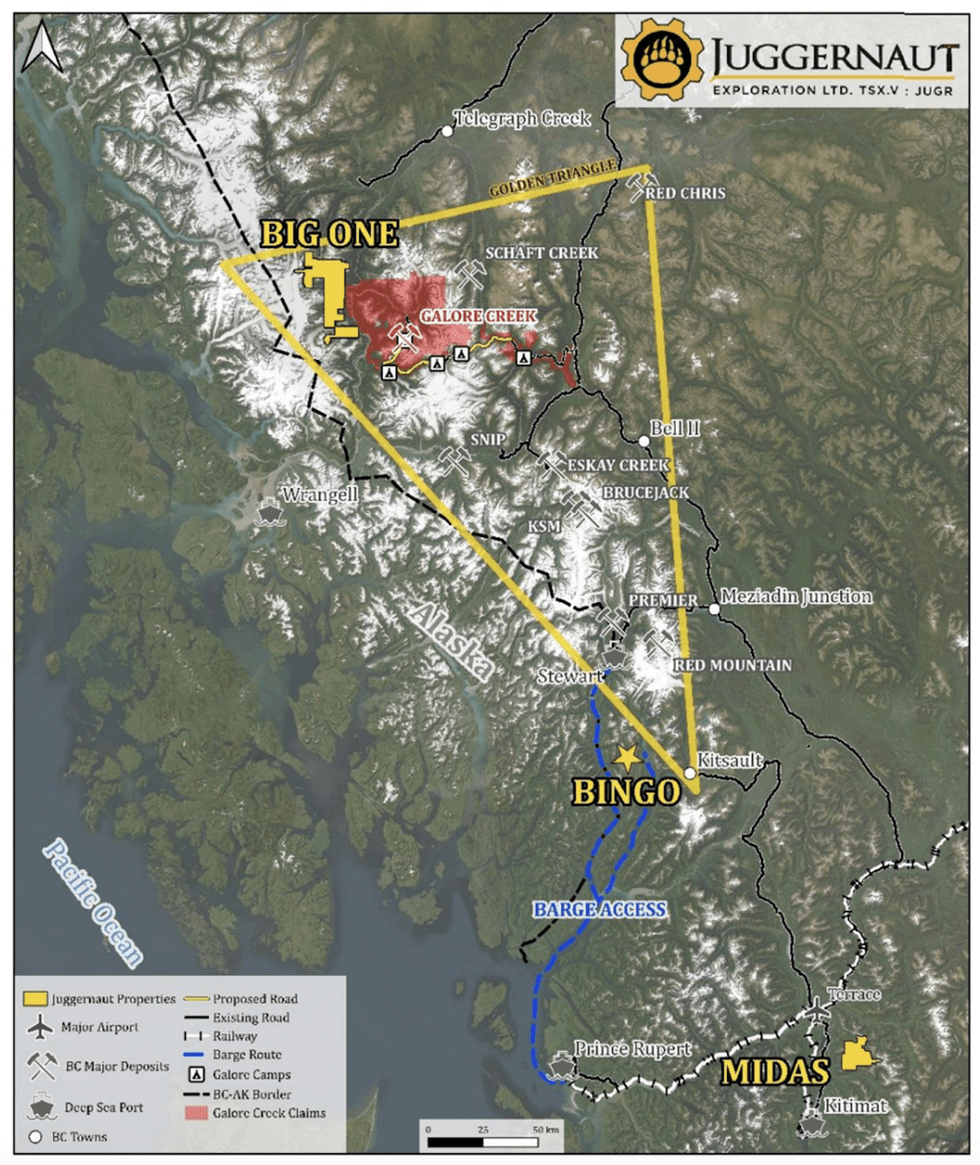 Map showing Juggernaut properties and routes in British Columbia, labeled BIG ONE and BINGO.