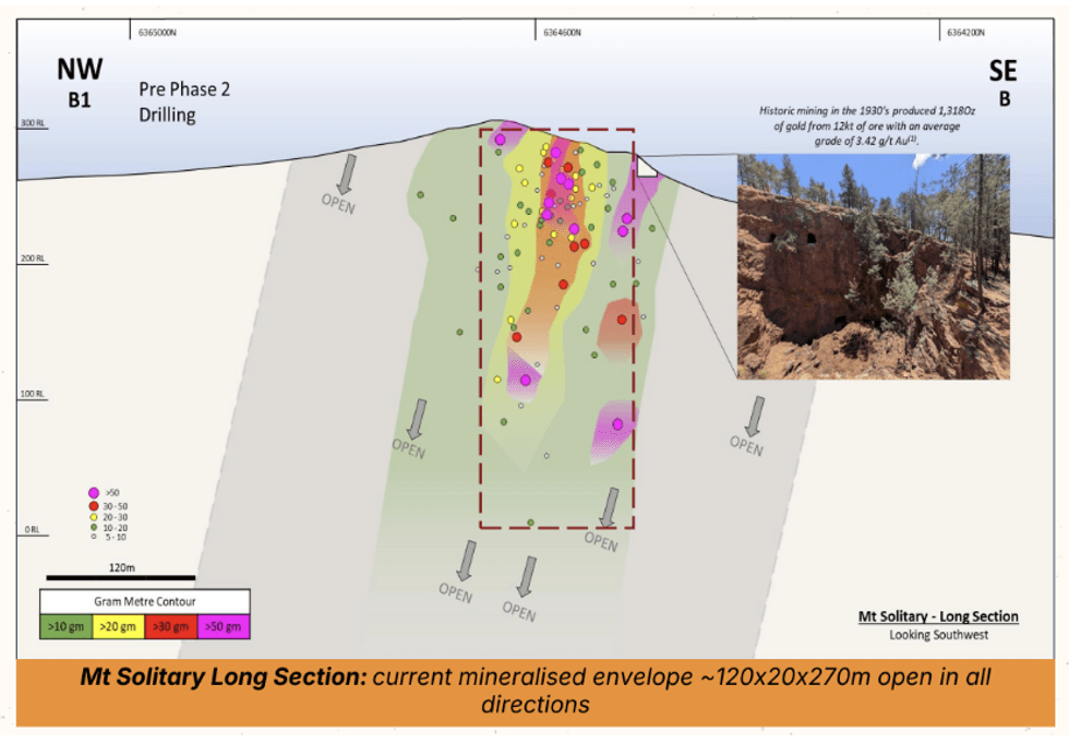 Map showing mineralized zones at Mount Hope Mining Mt Solitary Long Section