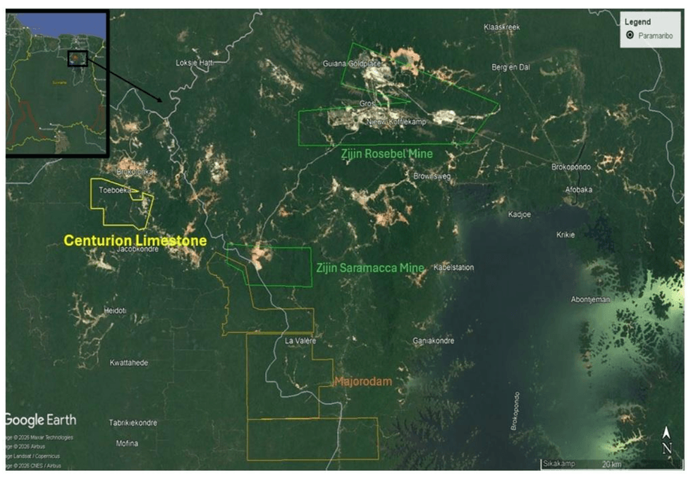 Map showing mines and geographical areas in Suriname including Centurion Minerals' Limestone gold project