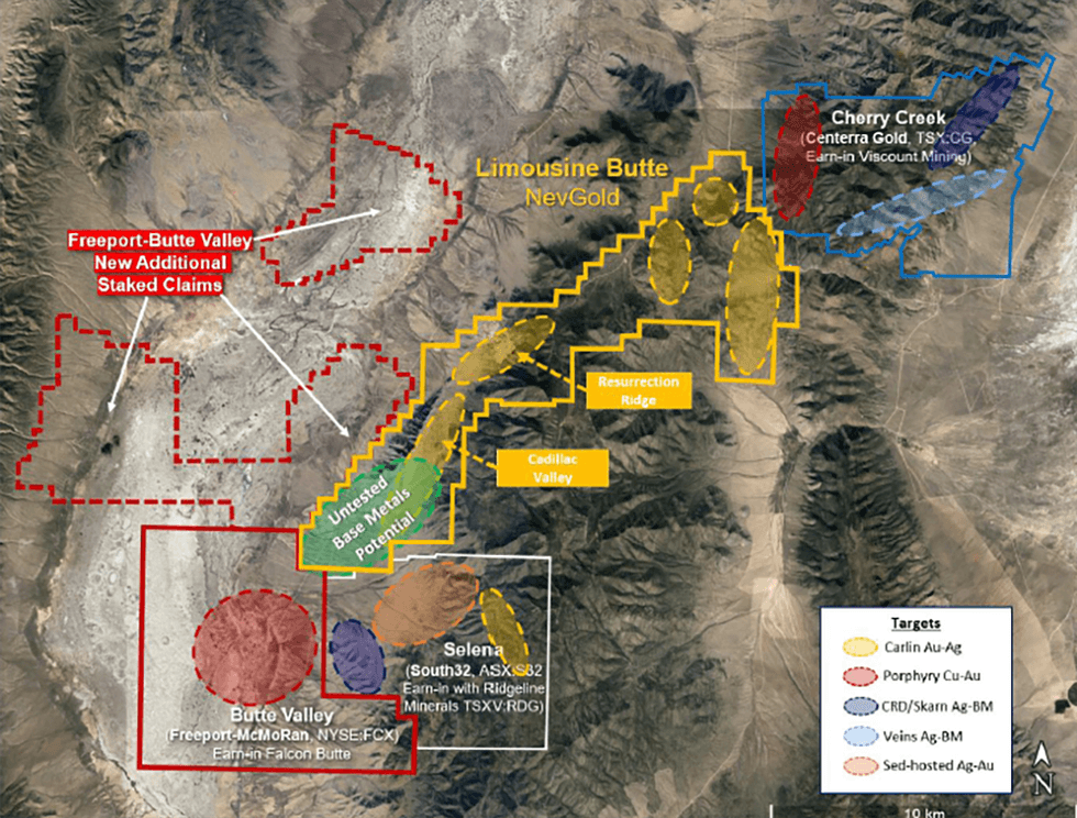 Map showing mining claims and target areas in Freeport-Butte Valley and Cherry Creek.