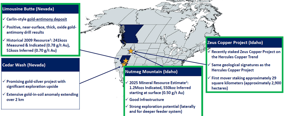 Map showing mining projects in Nevada and Idaho with details on each site.