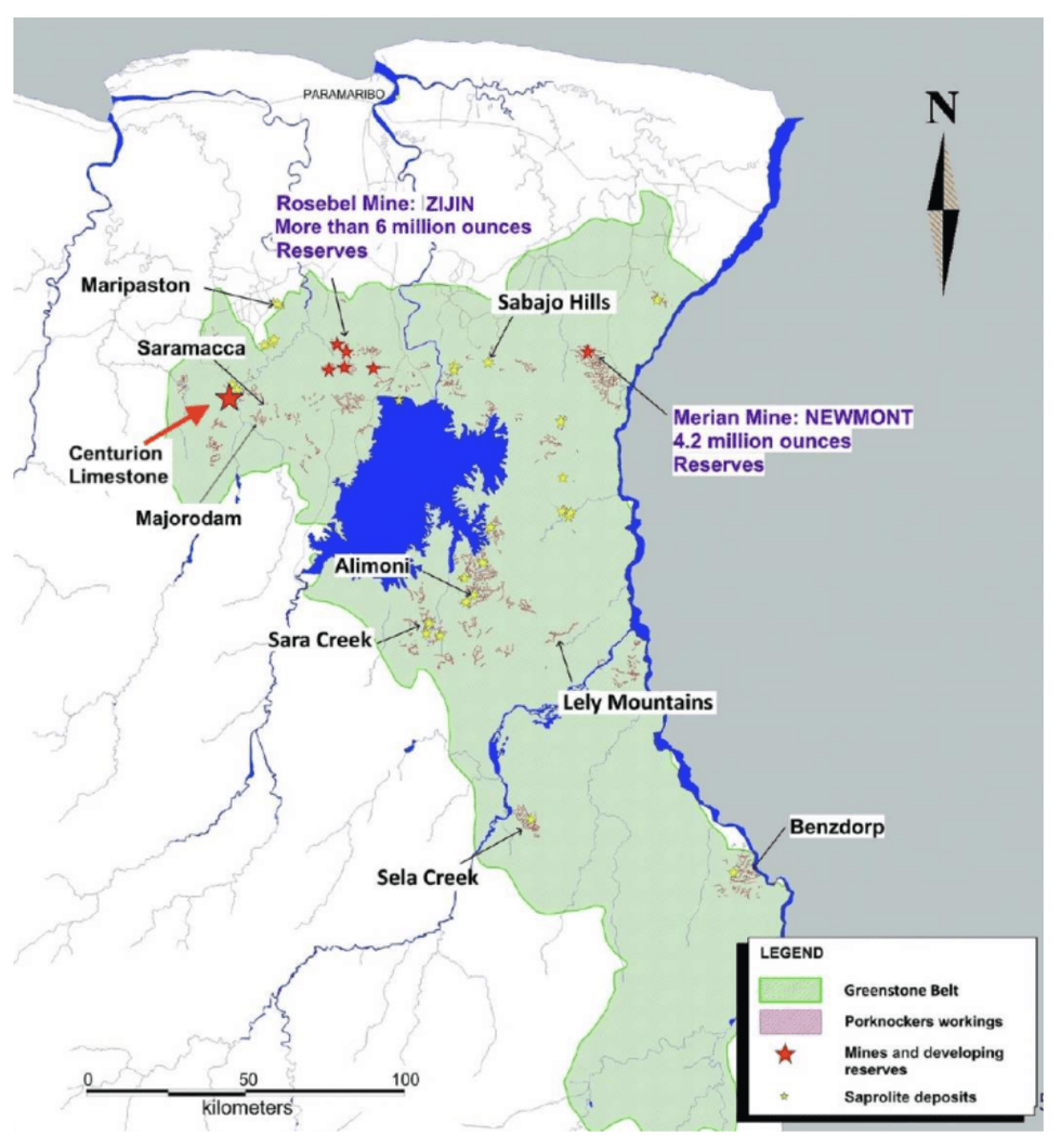 Map showing mining sites in Suriname including Centurion Minerals' Limestone project