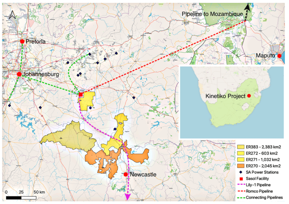 Map showing pipelines and Kinetiko Energy's project areas in South Africa and Mozambique.