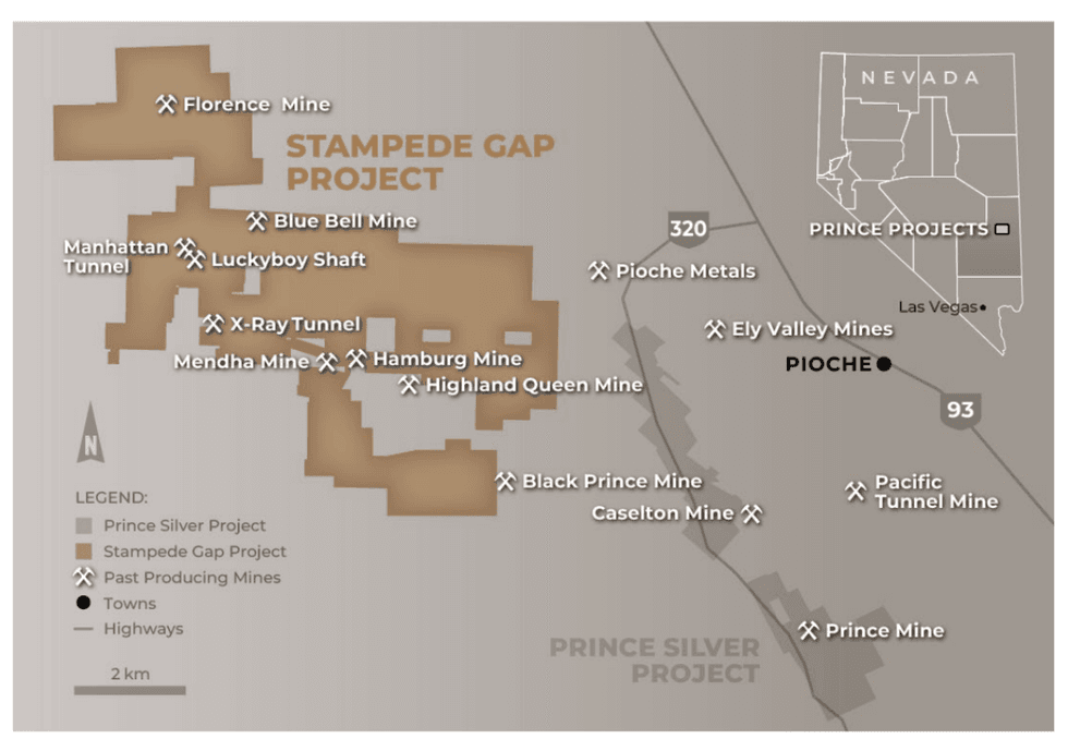 Map showing Prince Silver's Stampede Gap Project's mines near Pioche, Nevada.
