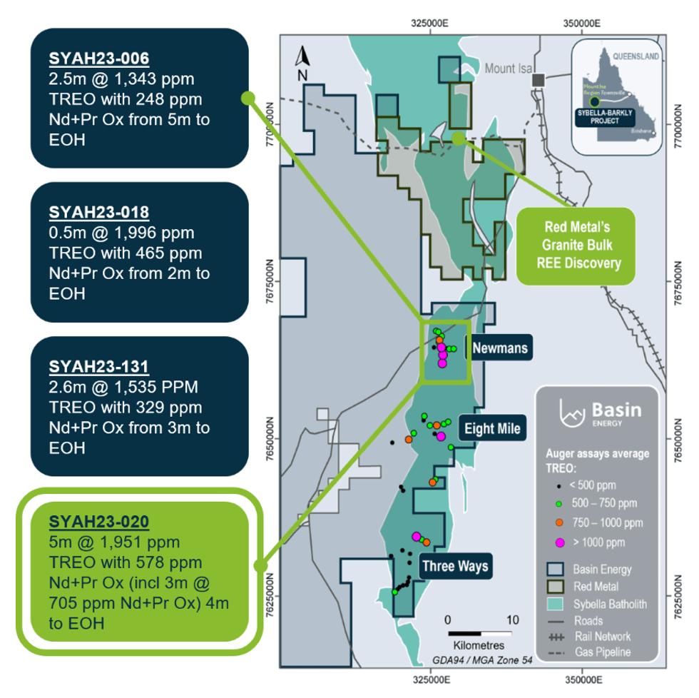 Map showing Red Metals' Granite Bulk REE Discovery in Queensland with drill results.
