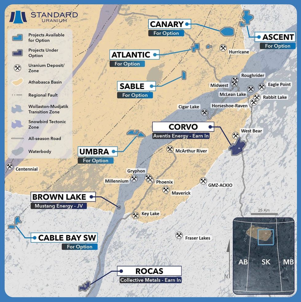 Map showing Standard Uranium's uranium project sites