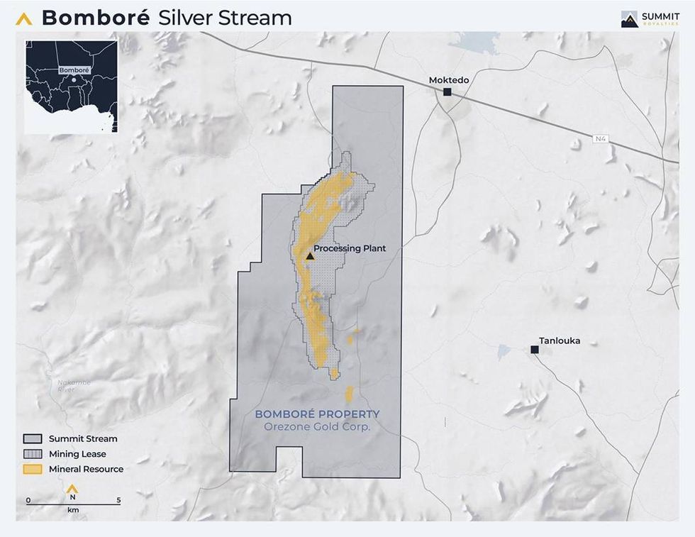 Map showing Summit Royalties Bombo\u00e9 mining lease, mineral resources, and processing plant location.
