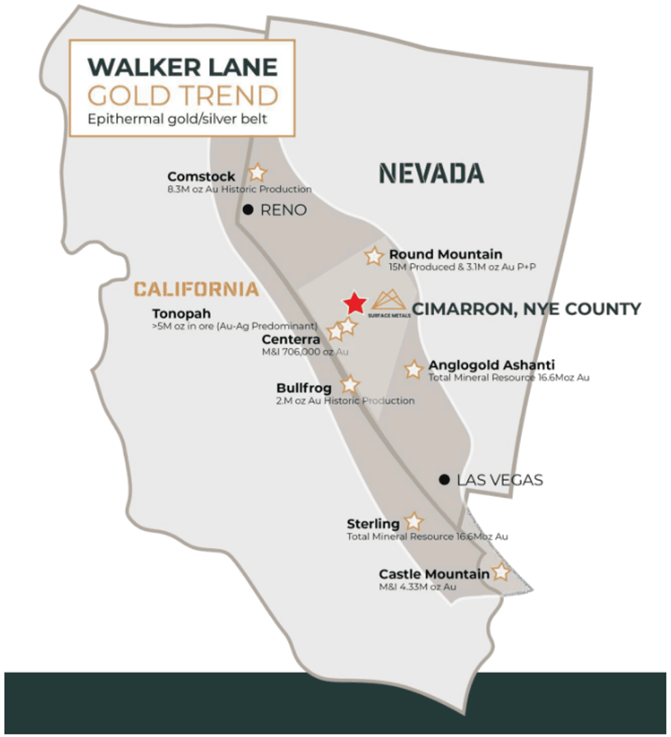 Map showing Surface Metals' Cimarron Project Area with nearby mining sites and terrain features.