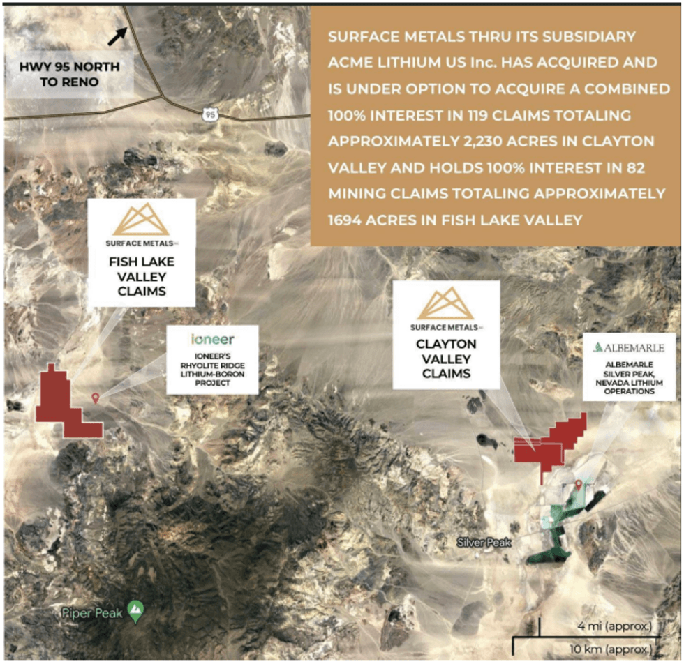 Map showing Surface Metals' lithium mining claims in Fish Lake and Clayton Valley, Nevada.