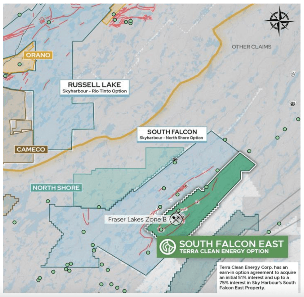 Map showing Terra Clean Energy's South Falcon East with various energy claims and company options.