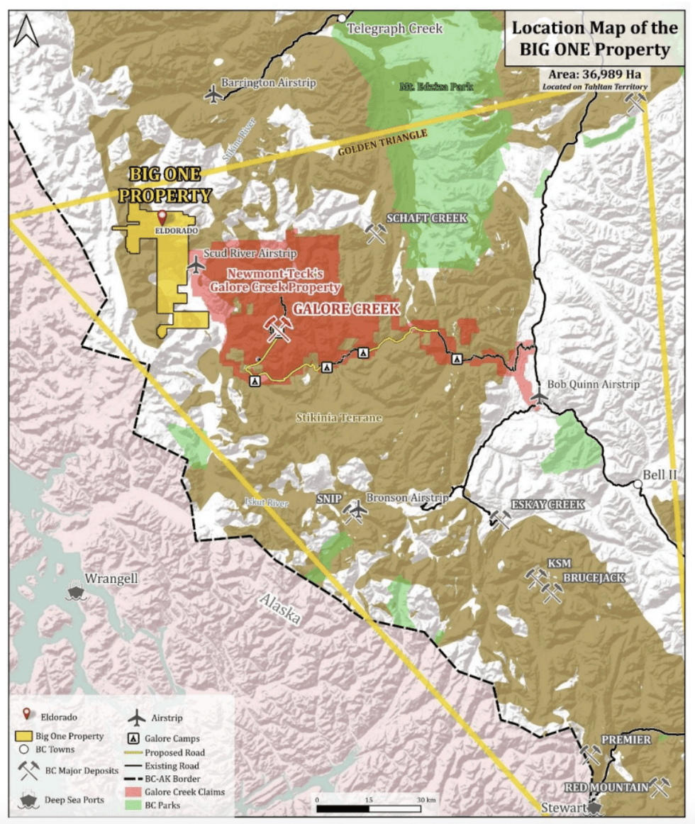 Map showing the Juggernaut Exploration's Big One Property in Tahltan Territory with outlined project areas.