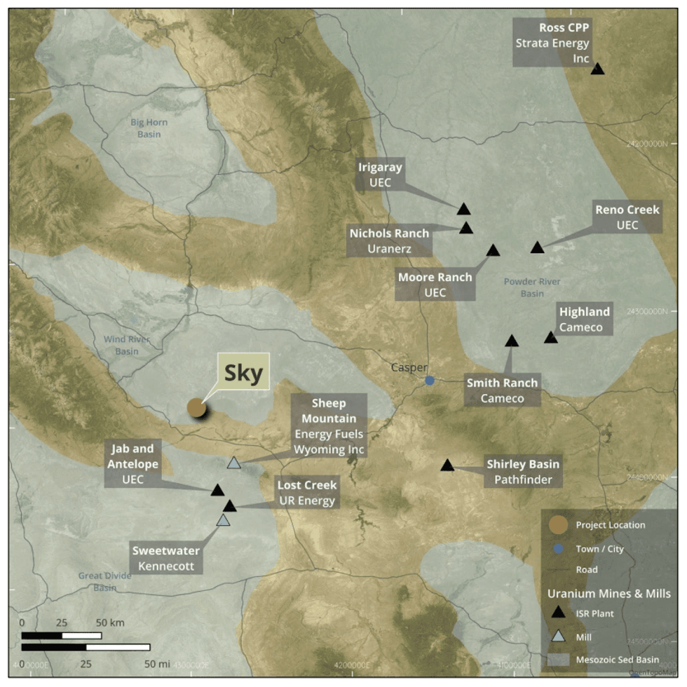 Map showing uranium mines and mills in Wyoming including Uranium American Resources' Sky Project