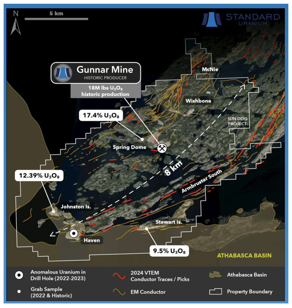 Map shows Gunnar Mine area with uranium concentrations, conductor traces, and property boundaries of Standard Uranium's Sun Dog project